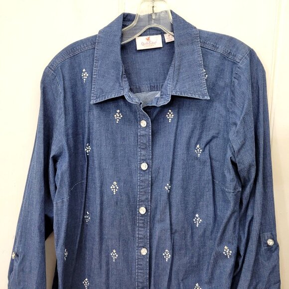 Quacker Factory Denim Button-Down Shirt With Rhinestone Embellishments Women's M - Picture 4 of 5